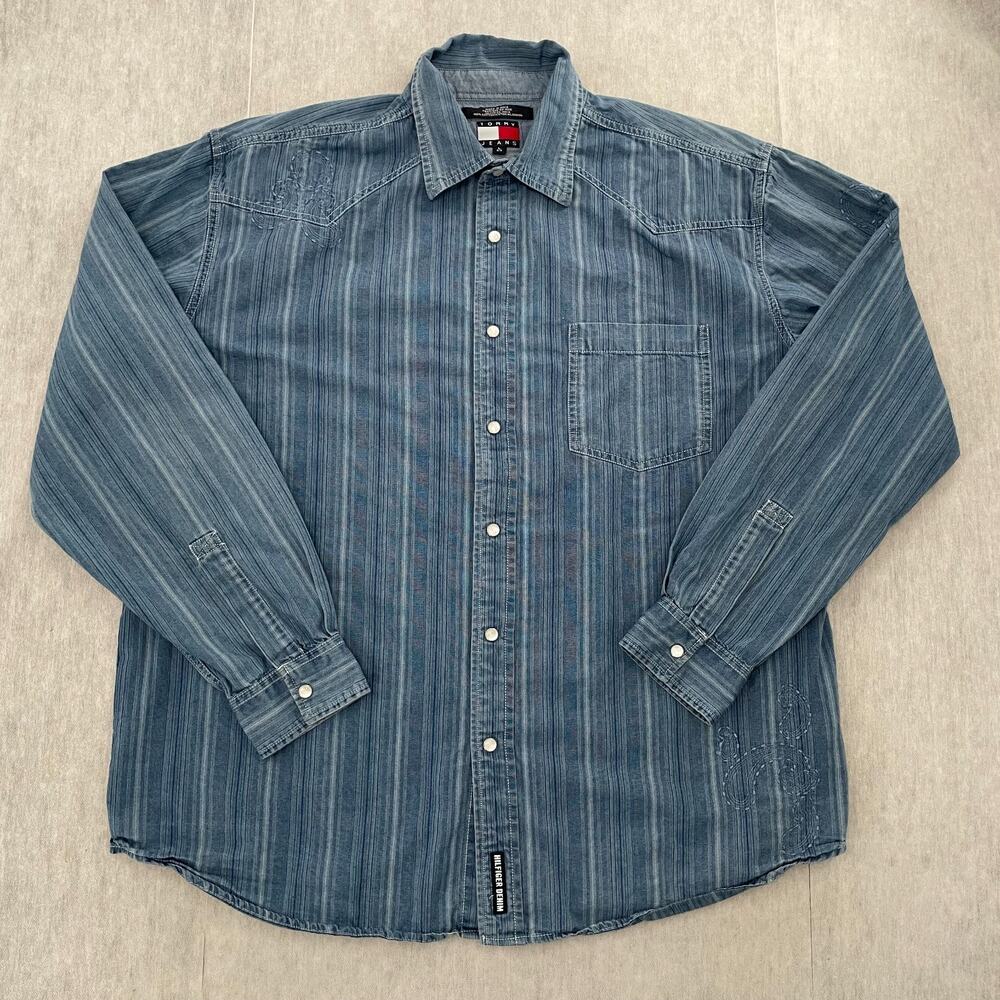 VINTAGE Tommy Hilfiger Shirt Adult Large Blue Denim Button Up Long Sleeve Mens L
